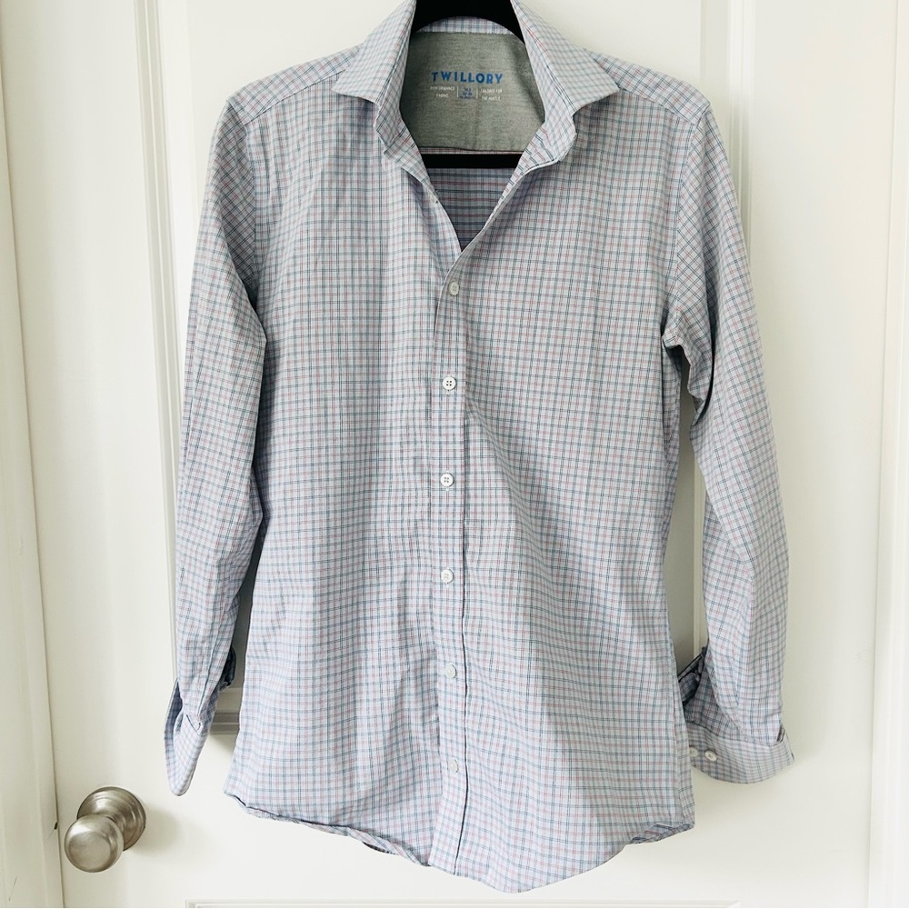 Twillory Tailored Fit Blue Checkered Button Down Shirt 14.5